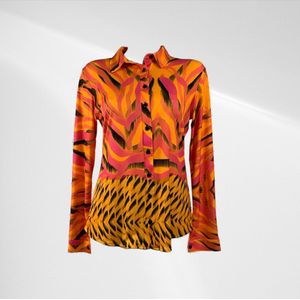 Angelle Milan - Oranje blouse met roze en zwarte print - Travelstof - In 5 maten - Maat S