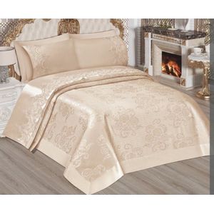 Luxe bedsprei set - Luxe spreien set - Bedsprei - Laken set - Deken set - Set van 6 - Deken/sprei 240 x 240 - Laken 240 x 240 - 2x Kussensloop 50 x 70 - 2x Geborduurde kussensloop 50 x 70 - Karamel met chique details