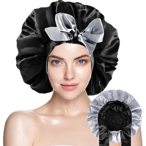 Dubbelzijdige Satijnen Slaapmuts met Verstelbare hoofdband met Lange Lussen - Bonnet van Satijn - Haarnetje - Zilver/Zwart