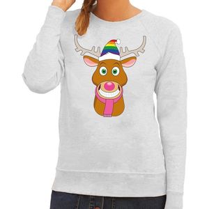 Foute kersttrui / sweater Gay Ruldolf met regenboog muts en roze sjaal grijs voor dames - Kersttruien XS