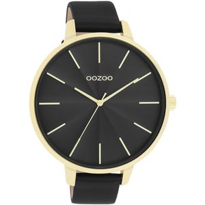 OOZOO Timepieces - Goudkleurige OOZOO horloge met zwarte leren band - C11259