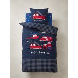 Vertbaudet - Set Dekbedovertrek + Kussensloop - Multicolor - Bedrukt met Brandweerwagens en Ruiten