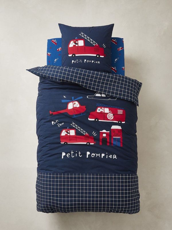 Vertbaudet - Set Dekbedovertrek + Kussensloop - Multicolor - Bedrukt met Brandweerwagens en Ruiten