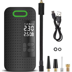 Luchtcompressor 4000 mAh – Elektrische fietspomp met Digitale Drukmeter - Oplaadbaar & Draadloos - Auto-Stop & LED Verlichting – Bandenpomp Voor Auto, Motor, Ballen & Zwembaden - Ballenpomp - Inclusief Opzetstukken en Reistas - Zwart