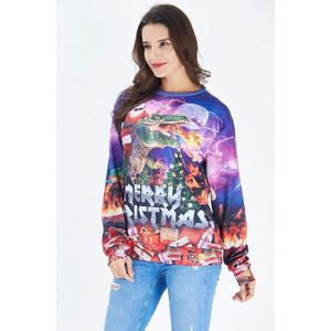 Kersttrui met 3D-print voor heren en dames, lange mouwen, Ugly Christmas sweatshirt, maat S-XXL, Santa Dinosaur ontwerp