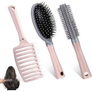3-delige ronde haarborstel set voor krullend en nat haar - Ontwarren voor dames, heren en kinderen (roze)