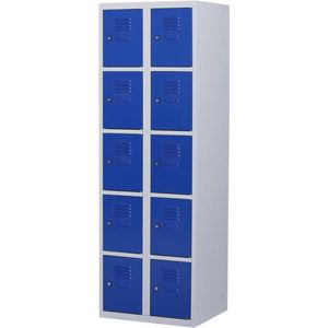 Lockerkast metaal met slot - 10 deurs 2 delig - Grijs/blauw - 180x60x50 cm - LKP-1018