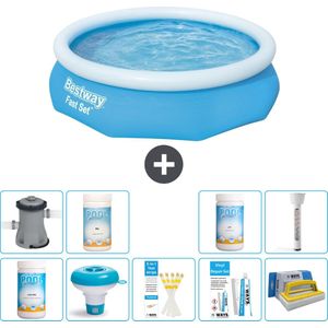 Bestway Rond Opblaasbaar Fast Set Zwembad - 305 x 76 cm - Blauw - Inclusief Pomp Chloor - Chloordrijver - Testrips - Reparatiesetje - Scrubborstel - PH-min - PH-plus - Thermometer