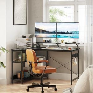 Hoekbureau zwart, L-vormig bureau met rek, omkeerbaar, gamingtafel, L-vorm met lange monitorstandaard, computertafel, L-vorm, pc-tafel, kantoortafel voor thuiskantoor, 120 x 80 x 88 cm