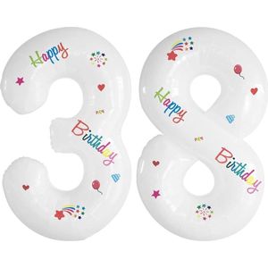 Folie Ballonnen Cijfers 38 Jaar Happy Birthday Verjaardag Versiering Cijferballon Folieballon Cijfer Ballonnen Wit 70 Cm