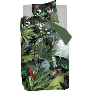 Snoozing Tropical Birds - Flanel - Dekbedovertrek - Eenpersoons - 140x200/220 cm + 1 kussensloop 60x70 cm - Groen