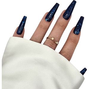 SD Press on Nails - B-269 - Plaknagels met nagellijm - XL Coffin - Blauw Glitter - Set 20 Nagels - Cosplay - Nepnagels - Valse Nagels - Extreem lange nageltips - Nail Art - Handgemaakt