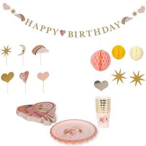 Konges Sløjd Happy Birthday kit - Bekers, ballon, slinger, servetten, taarttopper, pompon - Unicorn