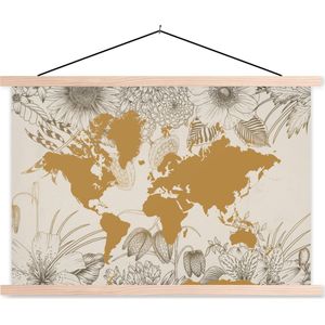 Posterhanger incl. Poster 120x80 cm - Schoolplaat - Wereldkaart - Goud - Bloemen - Textielposter - Blanke latten