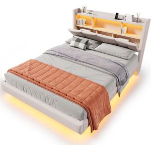 Gestoffeerd bed - 140*200cm - opklapbare plank - hoofdeinde met plank - USB type-c - zonder matras - met LED-verlichting - beige