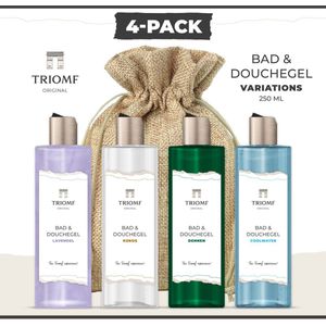 Triomf Original - Bad & Douchegel Deluxe - 4-Pack - 250 ml - Dennen - Coolwater - Kokos - Lavendel | Cadeau Vrouw - Cadeau Man - Giftset Showergel Variations - 4 x Douche Gel - Gift Verjaardag voor hem en haar - Cadeau Set Badkamer Nieuw huis
