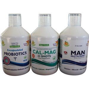 Triple pack Probiotica+CalciumMagnesium+Man multivitamine is een unieke mix van vitaminen en mineralen. Al deze ingrediënten en nutriënten zorgen voor een verbetering van energie en uithoudingsvermogen. Deze blend valt onder de Multivitaminen