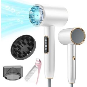 Professionele Haardroger 2400W met Ionen Technologie, LCD Display, 3 Temperatuurstanden, 2 Snelheden, Inclusief Diffuser en Stylingmondstuk, Opvouwbaar - Wit