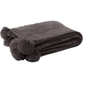 J-Line Plaid Pompom - fleece deken - polyester - donker taupe - 170 x 130 cm - woonaccessoires