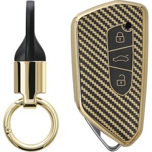 kwmobile autosleutel hoesje met sleutelring - geschikt voor VW Golf 8 3-knops autosleutel hoesje - Sleutel case met sleutelhanger - Metallic Carbon design in goud / zwart