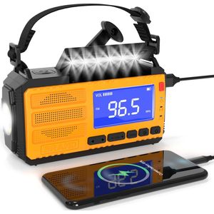 Digitale opwindbare Noodradio met Alarmfunctie, zaklamp, 10.000 Mah powerbank, Solar, Denkvooruit