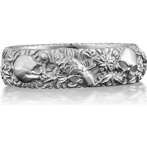 Koi vis en doodskop in bloemen ring, Gothic gepolijste trouwring in zilver 925 Zilver