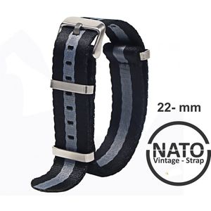 22mm Nato Strap ZWART GRIJS - Vintage James Bond - Nato Strap collectie - Mannen - Horlogeband - 22 mm bandbreedte
