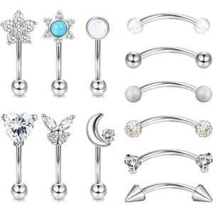 16G gebogen barbell set voor verschillende piercings - 12 stuks roestvrij staal - Rook Daith design - geschikt voor tragus, wenkbrauw, en buik.