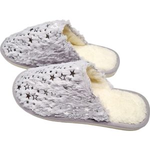 Dames pantoffels Blauwgrijs, warme Fluffy slippers - Fake fur pantoffel -Indoor Sandal ( instappershalf open) - Warme winter sloffen dames, heren, jongen en meisjes - Maat 36/37