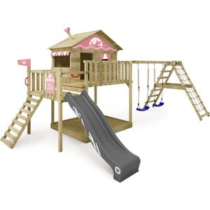 WICKEY speeltoestel klimtoestel Smart Ocean met schommel & pastelroze glijbaan, outdoor klimtoren voor kinderen met zandbak, ladder & speelaccessoires voor de tuin