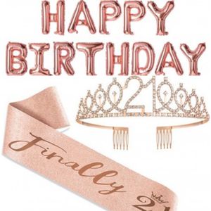 Finally 21 set rosé goud met diadeem, sjerp en folie ballon slinger Happy Birthday XL - sweet - sixteen - rosé goud - diadeem - tiara - ballon - sjerp - slinger