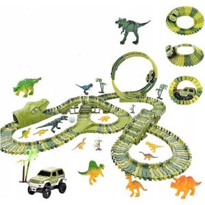 Ilso autobaan met dinosaurussen - 230 baan elementen - looping - racebaan jungle - Komt met Jeep en Dinosaurus - met dino's - Eenvoudig te Monteren - inclusief batterijen