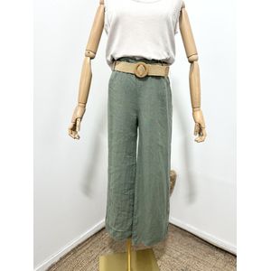 Linnen broek met een rieten ceintuur en zijzakken - elastische talie - kleur MILITAIR GROEN - maat 38/40