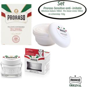 Proraso white pakket- Aftershavebalsem anti- irritatie , Pre Shave Crème en scheerzeep 150g in een practisch tasje