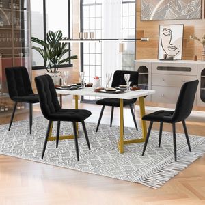 Sweiko 117cm Eettafel met 4-stoelen set, rechthoekige eettafel moderne keuken tafel set, eetkamer stoel zwart fluweel keuken stoel, gouden tafel benen
