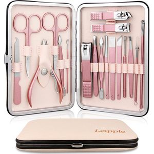 Leipple Manicure & Pedicure Set – 18-Delige RVS Nagelverzorgingskit met Luxe Leren Etui (Beige/Roze) | Professionele Nail Clippers Set voor Thuis & Reizen