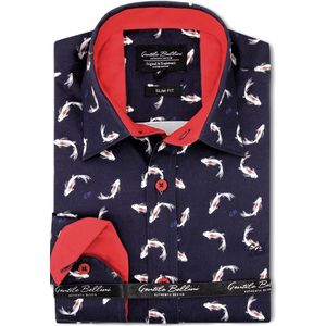 Heren Overhemd - Slim Fit - Japanse Kempvis Satijn - Blauw - Maat XL
