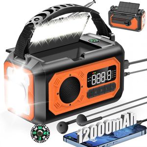 Draagbare noodradio - 12000mAh 2 zonnepaneelen, Zonnesolar handkraan AM/FM, 3 oplademethodes, USB-kabel, SOS-alarm, LED zaklamp, telefoonlader, kompas, koptelefoonjack (Oranje)