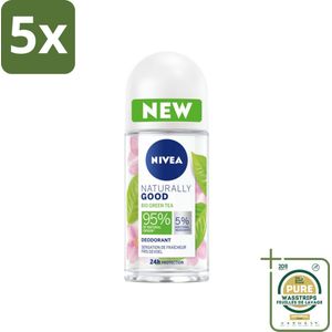 5 x NIVEA - Deodorant Roller - Natuurlijk Goed Groene Thee - Fris Gevoel - 24 Uur Lang Werkend - 50 ml - Grootverpakking - Natuurlijke Deodorant - Groene Thee Deodorant - 24 Uur Lang Werkend - Vegan Deodorant - Anti-irritatie Deodorant