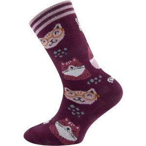 Kindersokken Wijnrood met Grappige Poezenhoofden - 23/26