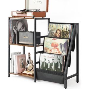 DailySupplies® Platenspeler Meubel – Stand Platenspelerstandaard Met Vinyl Opbergsysteem - RustiekePlatenopbergkasthouderr