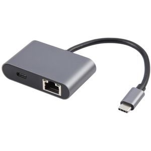 4 IN 1 USB-C Male naar Ethernet (RJ45) 1000Mbps + 2X USB Female + USB-C Female hub kabel connector - internet adapter - voor o.a. telefoon en laptop - grijs