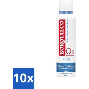 Borotalco - Deodorant Spray - Pure - Natural Freshness - Green Tea & Lime - 0% Aluminium Salts - 150 ml - Bulkverpakking - 10 stuks