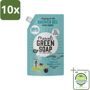 10 x Marcel's Green Soap - Douchegel - Navulling - Mimosa & Zwarte Bes - Voor dagelijks gebruik - 500 ml - Grootverpakking - Douchegel Navulling - Milieuvriendelijke Douche - Biologische Douchegel - Vegan Douchegel - Mimosa Geur