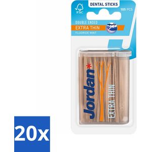 20 x Jordan Tandenstokers Double Ended Extra Thin 105 stuks per verpakking - Dunne Tandenstokers - Tandenstokers Voor Kleine Ruimtes