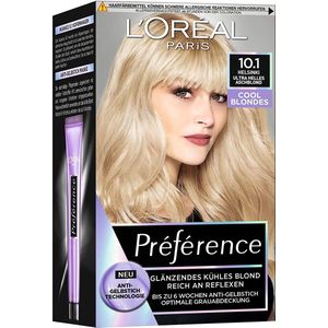 L'Oréal Paris permanente haarkleuring met koel kleurresultaat, haarkleuringsset met kleuring en anti-geel verzorgingsbalsem, Préférence Cool Blondes, No. 10.1 Ultra licht asblond Helsinki
