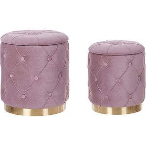 Set van 2 Poefs - Roze - Fluweel - Retro Stijl