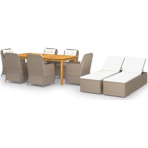 The Living Store Tuinset - Acaciahouten Eettafel - Bruine Stoelen en Ligbedden - PE Rattan - 200x90x74 cm - Inclusief Kussens - Montage Vereist