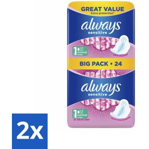 2 x Always - Maandverband - Normal - 24 Maandverband - Maandverband - Maandverband Met Vleugels - Always Sensitive - Gevoelige Huid - Lichte Menstruatie