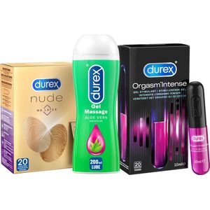 Durex - 20 stuks Condooms - Nude No Latex - 210ml Glijmiddel - Massage 2/1 Aloe 200ml - Intense Orgasm 10ml - Voordeelverpakking